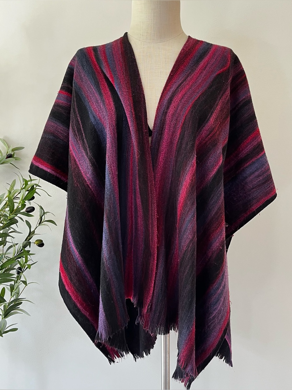 Brushed wool looking Striped Knit Poncho in Black pink purple